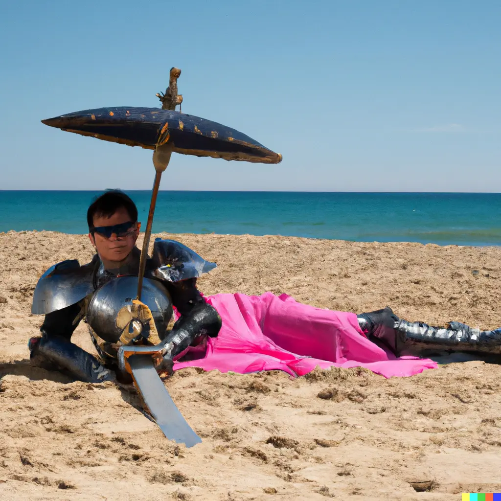 DALL·E 2022-07-16 14.55.20 - A knight in a full suit of armour wearing sunglasses laying down...webp